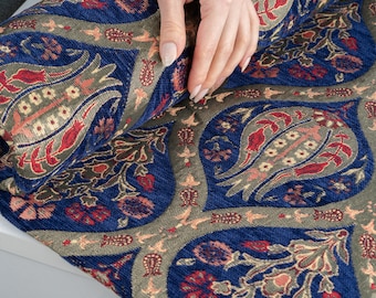 Blue Chenille Kilim Fabric: Turkish Oriental Upholstery By The Yard
