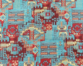 Turkish Kilim Upholstery Fabric: Blue Oriental Chenille Fabric By The Yard