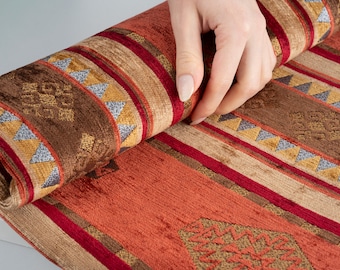 Orange Turkish Kilim Upholstery Fabric: Bohemian Chenille Jacquard