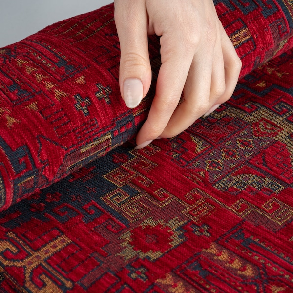 Tejido de tapicería rojo oscuro, tejido turco cortado a medida, tejido turco, tejido Chenille, tejido Boho, tejido Jacquard, kilim otomano.