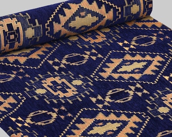 Dark Blue Kilim Upholstery Fabric: Turkish Oriental Chenille By The Yard