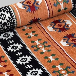 Upholstery Fabric, Turkish Fabric By the Yards, Turkish Orange Kilim Fabric, Chenille Fabric, Bohemian Fabric, Oriental Jacquard Fabric.