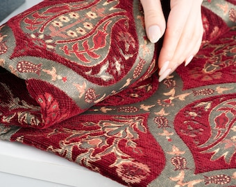 Dark red kilim upholstery fabric, Turkish kilim fabric, kilim fabric by yard, ed fabric, floral upholstery fabric, oriental kilim fabric.