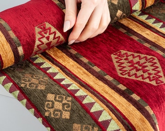 Turkish Kilim Chenille Fabric • Boho Upholstery Material, 55" Wide