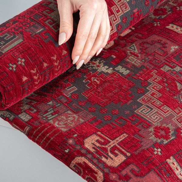 Dark red upholstery fabric, Turkish fabric by the yards, Turkish fabric, Chenille Fabric, Bohemian Fabric, Jacquard Fabric, kilim Ottoman.