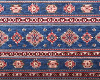 Blue Turkish Kilim Fabric: Bohemian Chenille Upholstery Fabric