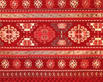 Red Chenille Upholstery Fabric by the Yard | Turkish Kilim Pattern Sofa Fabric | Jacquard Woven Bohemian Home Decor Textile