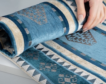 Blue Kilim Upholstery Fabric: Turkish Chenille Fabric By The Yard