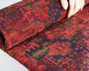 Burnt Orange Upholstery Kilim Fabric, Turkish Fabric By the Yards, Oriental kilim fabric, Chenille Fabric, Turkish red oriental fabric.