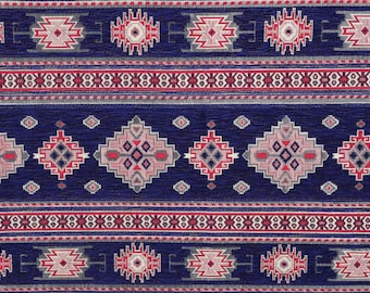 Blauwe kelim bekledingsstof op maat gesneden, boho-tribale stof voor stoelen en banken, chenillestof met etnisch geometrisch patroon