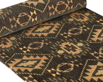 Dark Green Chenille Upholstery Fabric: Turkish Kilim Pattern