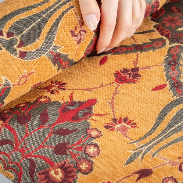 Tissu d'ameublement ottoman, tissu turc au mètre, tissu à motif tulipe turc, tissu bohème, tissu jacquard, motif tribal.