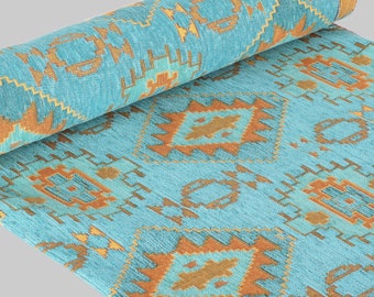 Turquoise Upholstery Kilim Fabric by yards, Turkish Fabric By the Yards, Oriental kilim fabric, Chenille Fabric, Turkish oriental fabric.