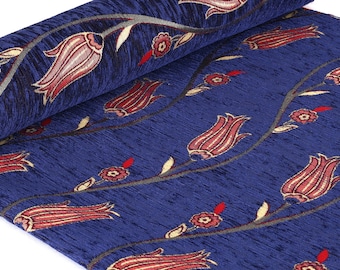 Blue Chenille Upholstery Fabric: Turkish Kilim Style, Bohemian Floral By The Yard