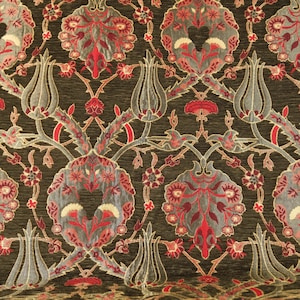 Floral Chenille Upholstery Fabric: Green Turkish Kilim Pattern, 55&quot; Wide