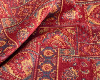 Red Persian Patchwork Fabric | Ottoman Paisley Chenille Upholstery Fabric