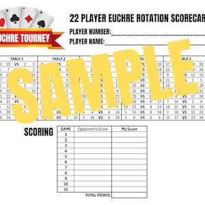 22 Player Euchre Tournament Rotation Scorecard