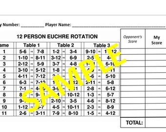 12 person Euchre Tournament Rotation Scorecard