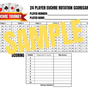 24 player, 10 Round Euchre Tournament Rotation Scorecard