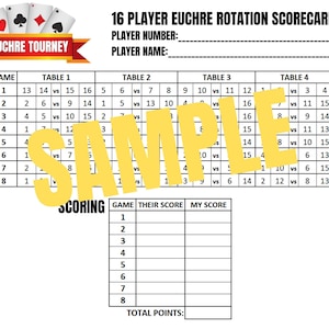 16 person Euchre Tournament Rotation Scorecard