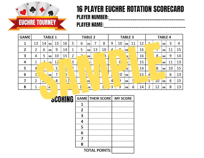 Pitching Rotation Card 16 Person Euchre Tournament Rotation Scorecard - Etsy