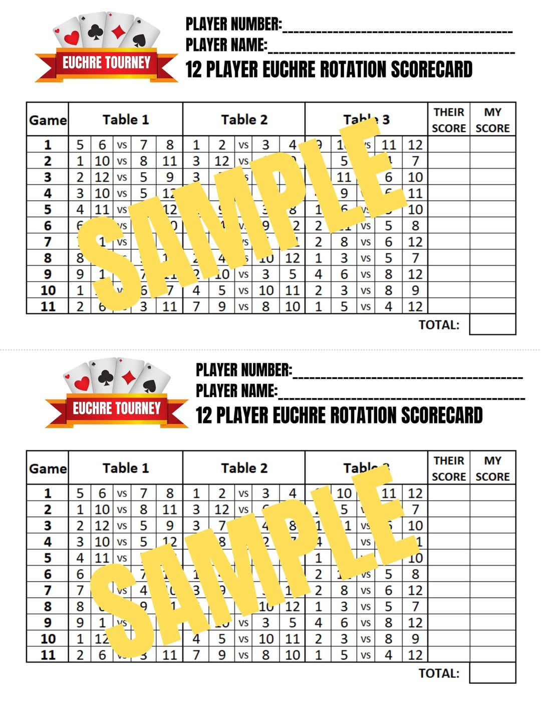 12 Person Euchre Tournament Rotation Scorecard - Etsy