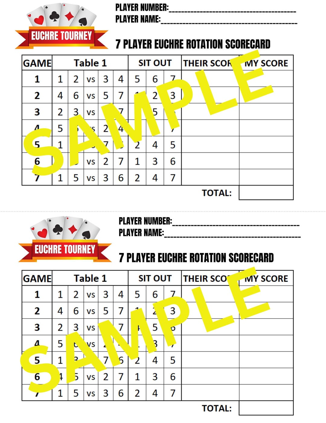 7 Player Euchre Tournament Rotation Scorecard - Etsy