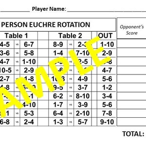 10 person Euchre Tournament Rotation Scorecard image 1
