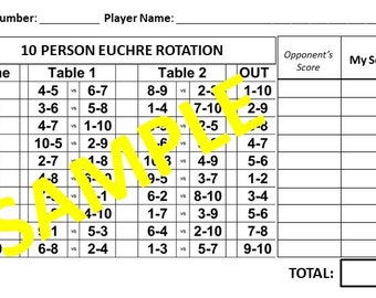 10 person Euchre Tournament Rotation Scorecard