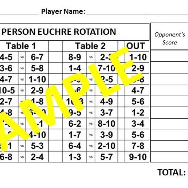 10 person Euchre Tournament Rotation Scorecard