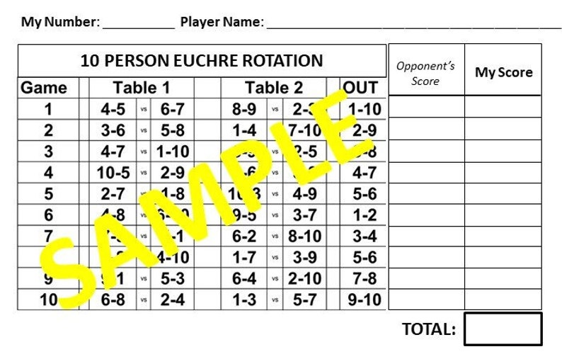 10 person Euchre Tournament Rotation Scorecard image 1