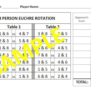 Carte de pointage de rotation du tournoi Euchre pour 8 personnes