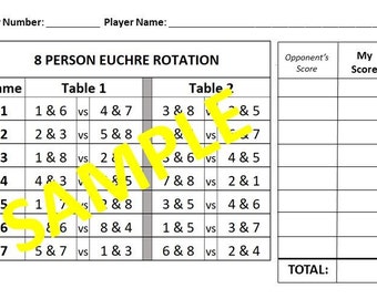 8 person Euchre Tournament Rotation Scorecard