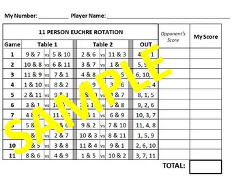 11 person Euchre Tournament Rotation Scorecard