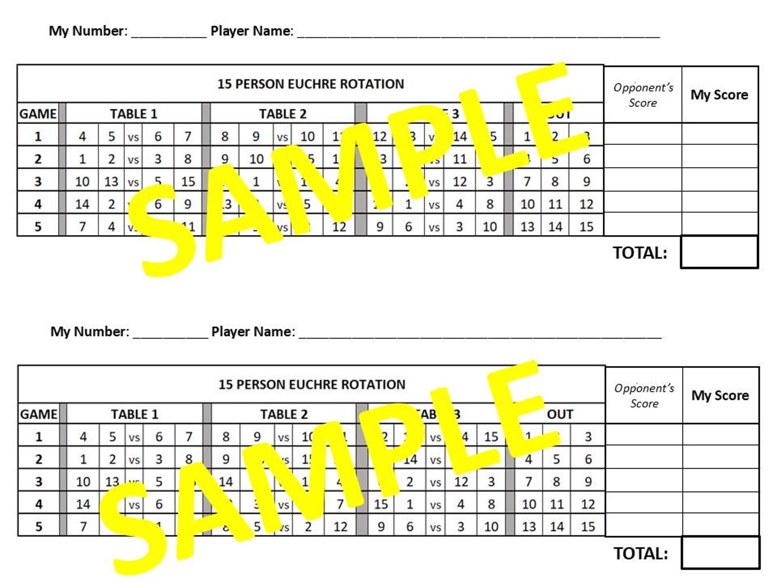 15 Person Euchre Tournament Rotation Scorecard - Etsy