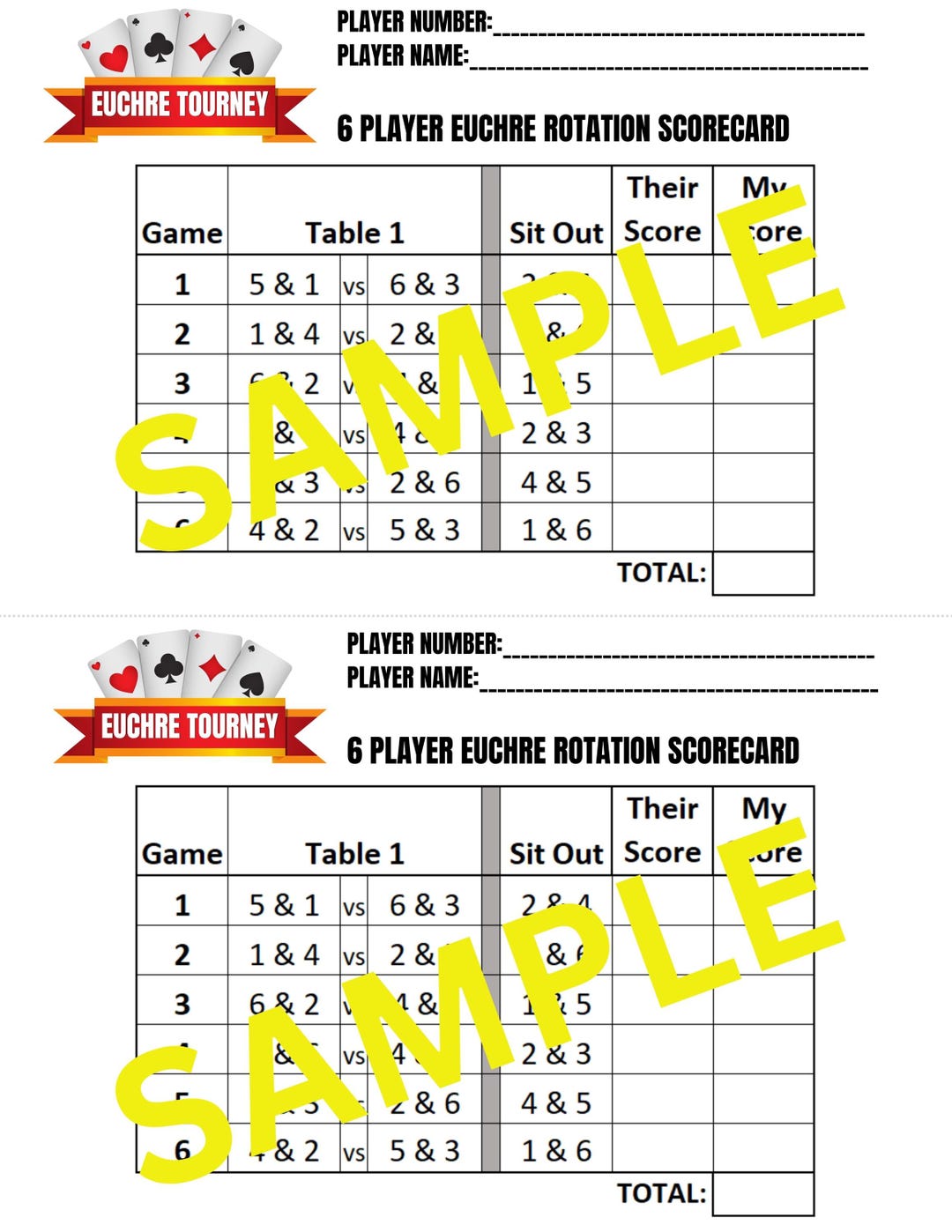 6 Person Euchre Tournament Rotation Scorecard - Etsy