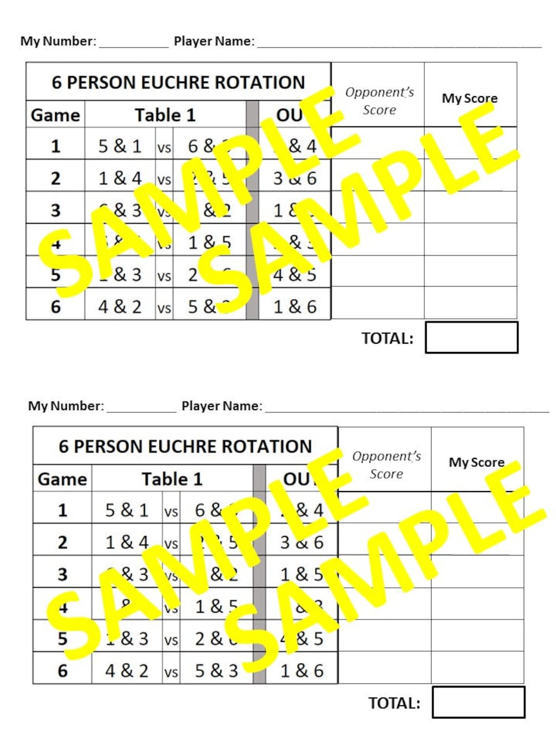 6 Person Euchre Tournament Rotation Scorecard Etsy