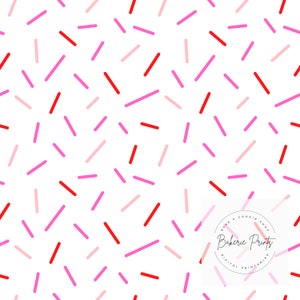 May include: A seamless pattern featuring pink, red, and light pink sprinkles on a white background. The pattern is perfect for use in digital scrapbooking, card making, and other craft projects. The text "Bakerie Prints" is in a circle with the text "Bake & Cookie Shop" above and "Digital Printables" below.