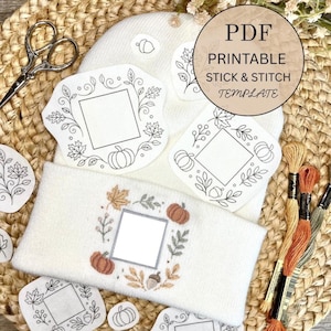 Fall Stick and Stitch Embroidery PDF Patterns for Beanie Logo Border – Autumn Outline Designs for DIY Embellishment | Instant Download
