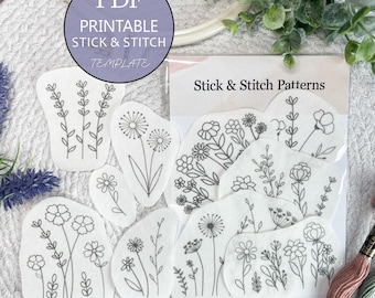Wild Flowers Embroidery PDF – Printable Stick & Stitch Floral Patterns for Stabilizer | Beginner Hand DIY Embroidery, Instant Download