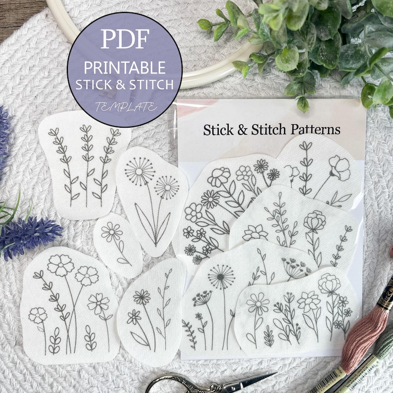 Wild Flowers Embroidery PDF – Printable Stick & Stitch Floral Patterns for Stabilizer | Beginner Hand DIY Embroidery, Instant Download image 1