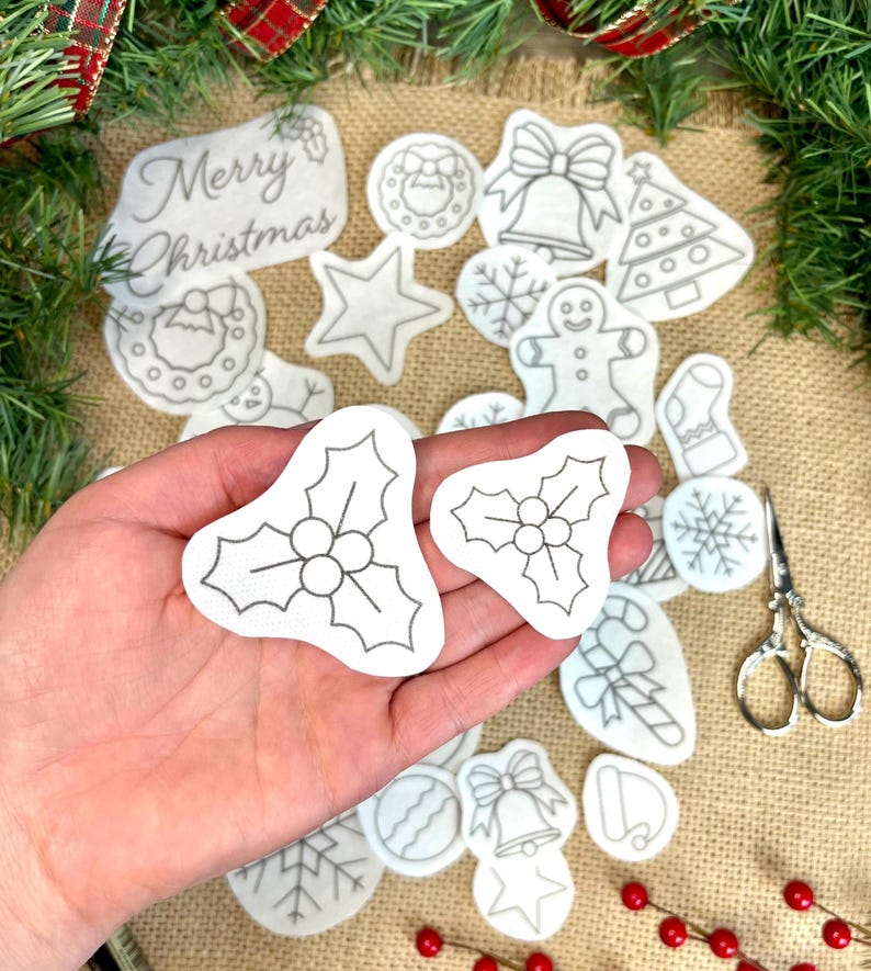 Christmas Embroidery Patterns, stick and stitch snowflake design, DIY ornament, water soluble Stabilizer, peel and stitch embroidery image 6
