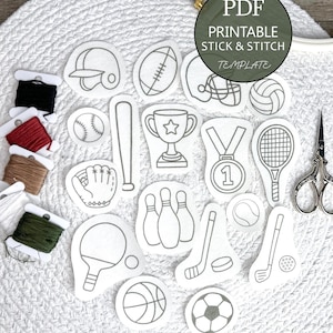 May include: A collection of printable stick and stitch templates featuring various sports equipment and accessories. Includes a baseball bat, football, tennis racket, and more. The image also shows embroidery floss, scissors, and a PDF template.