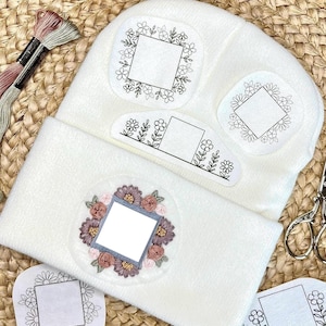 Floral Stick and Stitch Embroidery Patterns for Beanie Logo Border – Botanical Outline Designs for DIY Embellishment, Hand Embroidery Patch