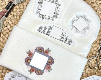 Floral Stick and Stitch Embroidery Patterns for Beanie Logo Border – Botanical Outline Designs for DIY Embellishment, Hand Embroidery Patch