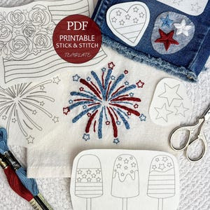 Printable Embroidery Pattern, 4th of July America Digital star, water soluble stabilizer, peel and stick and stitch transfer PDF, wash away