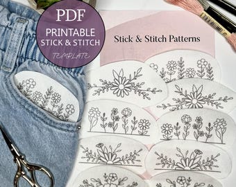 May include: A collection of white stick and stitch templates with floral designs, displayed with embroidery floss, scissors, and a pair of jeans. The templates are labeled "Stick & Stitch Patterns" and "PDF Printable Stick & Stitch Template".