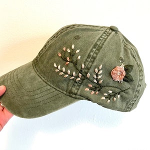 Hand Embroidered Green Hat, Embroidered Floral Hat For Women, Embroidered Baseball Hat, Mother’s Day Gift, Pink Floral