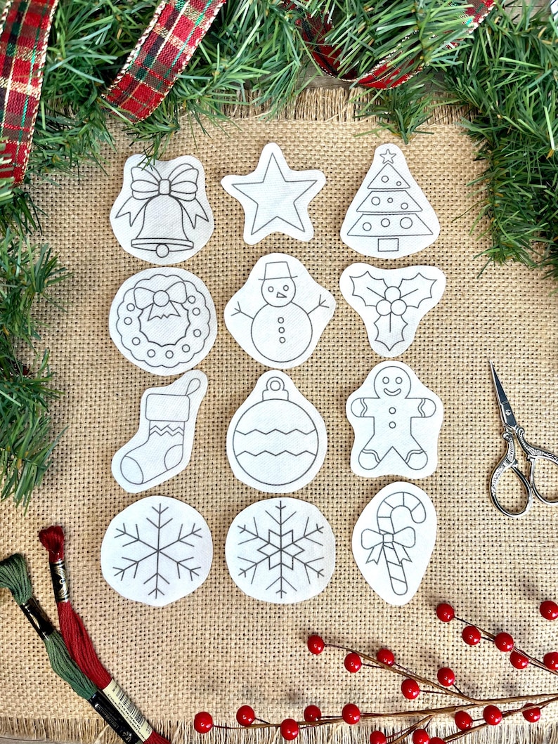 Christmas Embroidery Patterns, stick and stitch snowflake design, DIY ornament, water soluble Stabilizer, peel and stitch embroidery image 4