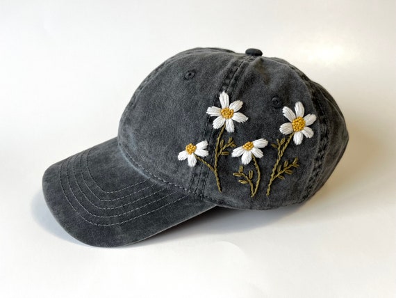 Hand Embroidered Daisy Hat, Embroidered Flowers, Baseball